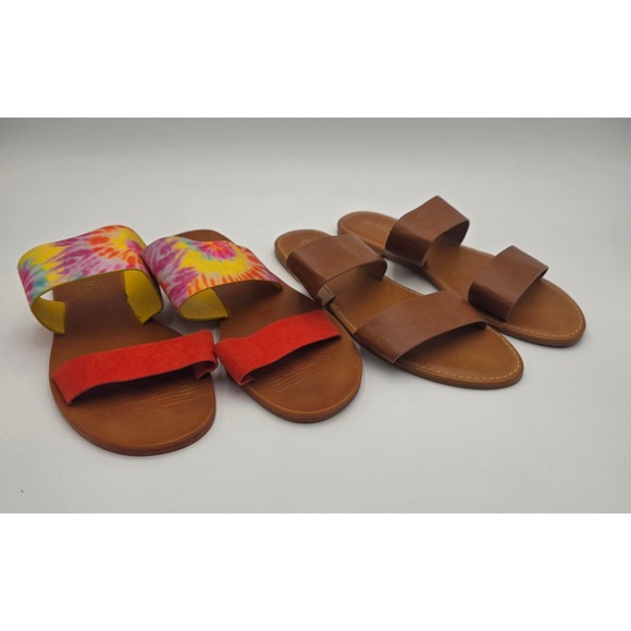 Rouge Helium Shoes - Rouge Helium Women's Flat Slide Sandals Bundle Brown Tie Dye Red Size 8.5 9